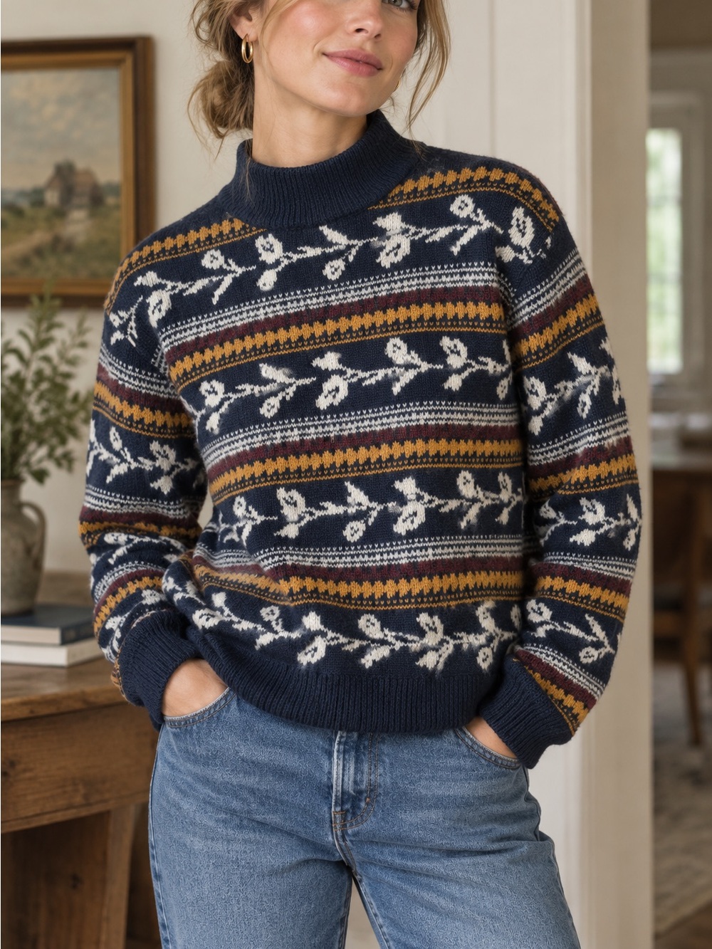 St. John's Bay Navy Floral Fair Isle Turtleneck Sweater